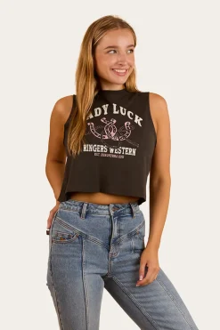 Ringers Western Lady Luck Cropped Muscle Tank - Charcoal