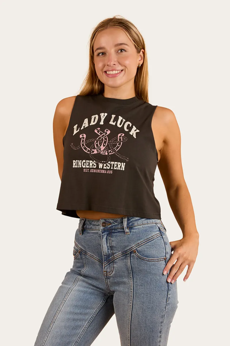 Ringers Western Lady Luck Cropped Muscle Tank - Charcoal