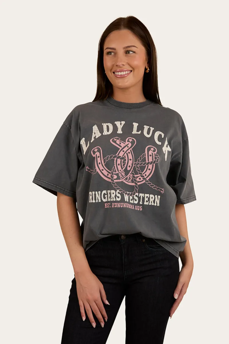 Discount Ringers Western Lady Luck Womens Oversized T-Shirt - Washed Black