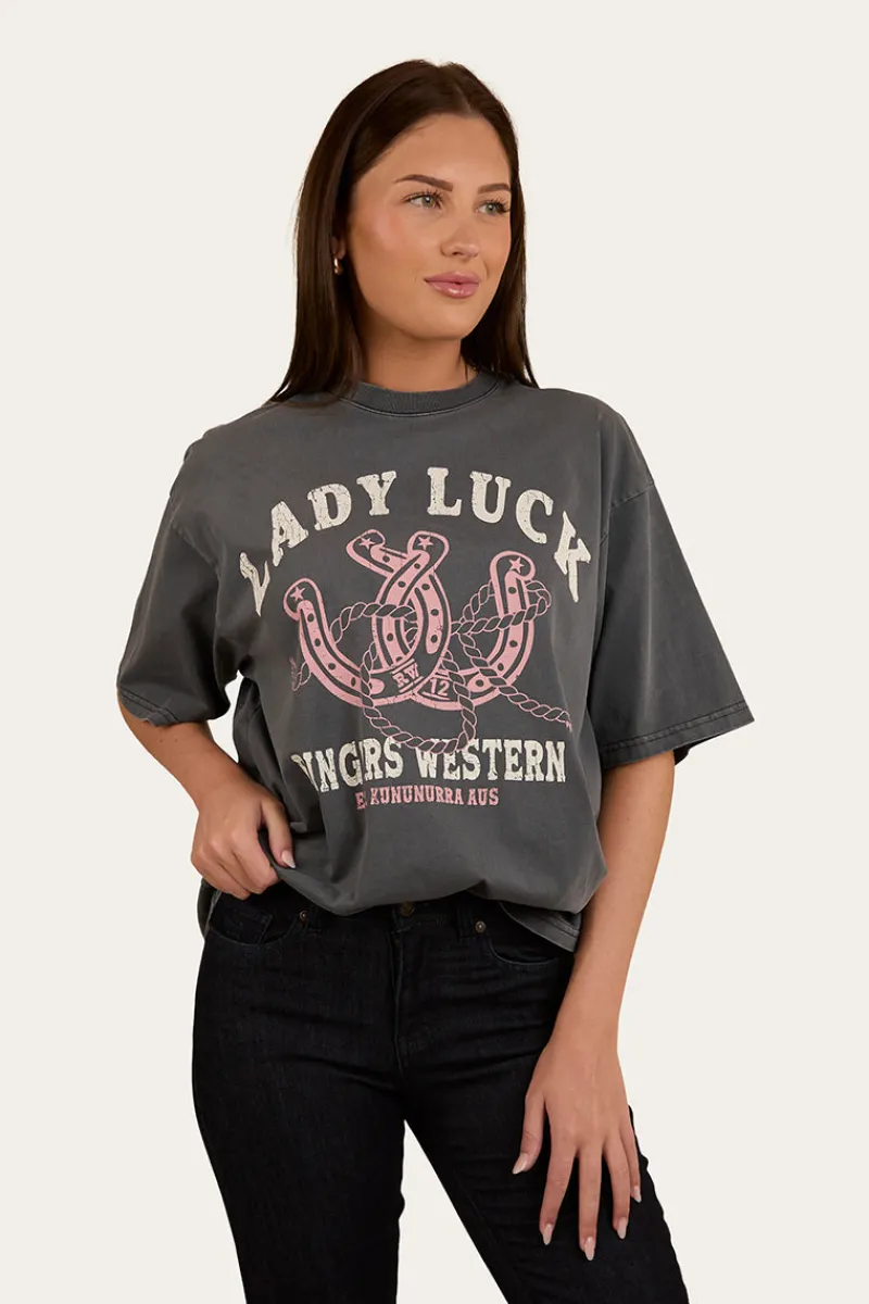 Discount Ringers Western Lady Luck Womens Oversized T-Shirt - Washed Black