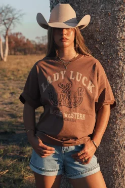 Ringers Western Lady Luck Womens Oversized T-Shirt - Washed Saddle Brown