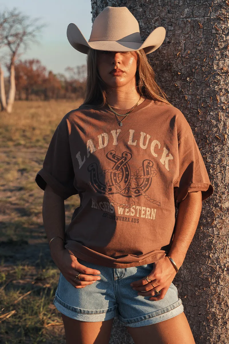 Ringers Western Lady Luck Womens Oversized T-Shirt - Washed Saddle Brown