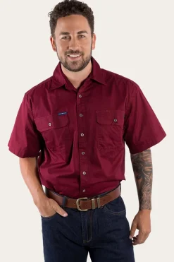 Discount Ringers Western Lake Argyle Mens Short Sleeve Full Button Work Shirt - Burgundy