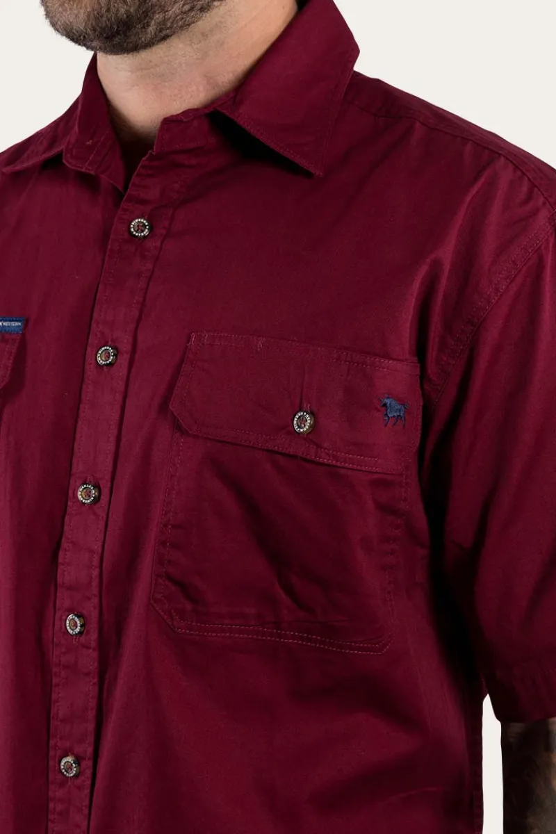 Discount Ringers Western Lake Argyle Mens Short Sleeve Full Button Work Shirt - Burgundy