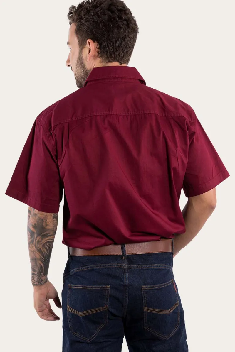 Discount Ringers Western Lake Argyle Mens Short Sleeve Full Button Work Shirt - Burgundy