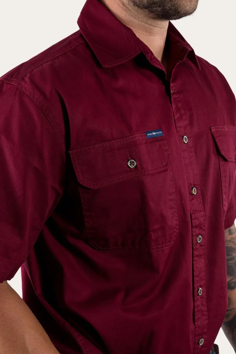 Discount Ringers Western Lake Argyle Mens Short Sleeve Full Button Work Shirt - Burgundy