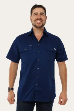Hot Ringers Western Lake Argyle Mens Short Sleeve Full Button Work Shirt - Navy