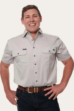 Outlet Ringers Western Lake Argyle Mens Short Sleeve Full Button Work Shirt - Beige