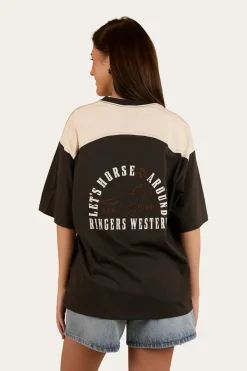 Online Ringers Western Lets Horse Around Womens Oversized T-Shirt - Washed Black / Off White