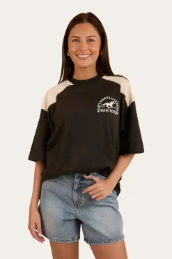Online Ringers Western Lets Horse Around Womens Oversized T-Shirt - Washed Black / Off White