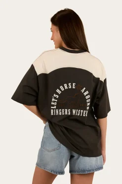 Online Ringers Western Lets Horse Around Womens Oversized T-Shirt - Washed Black / Off White