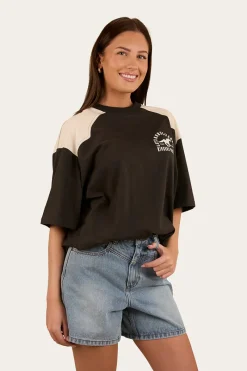 Online Ringers Western Lets Horse Around Womens Oversized T-Shirt - Washed Black / Off White