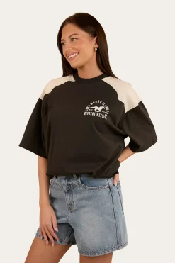Online Ringers Western Lets Horse Around Womens Oversized T-Shirt - Washed Black / Off White