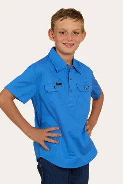 Hot Ringers Western Ord River Kids Half Button Short Sleeve Work Shirt - Blue