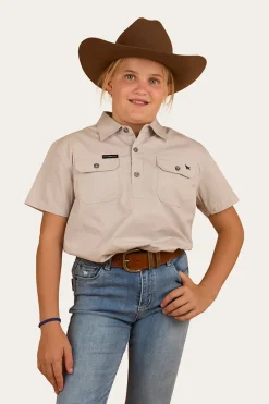 Sale Ringers Western Ord River Kids Half Button Short Sleeve Work Shirt - Beige