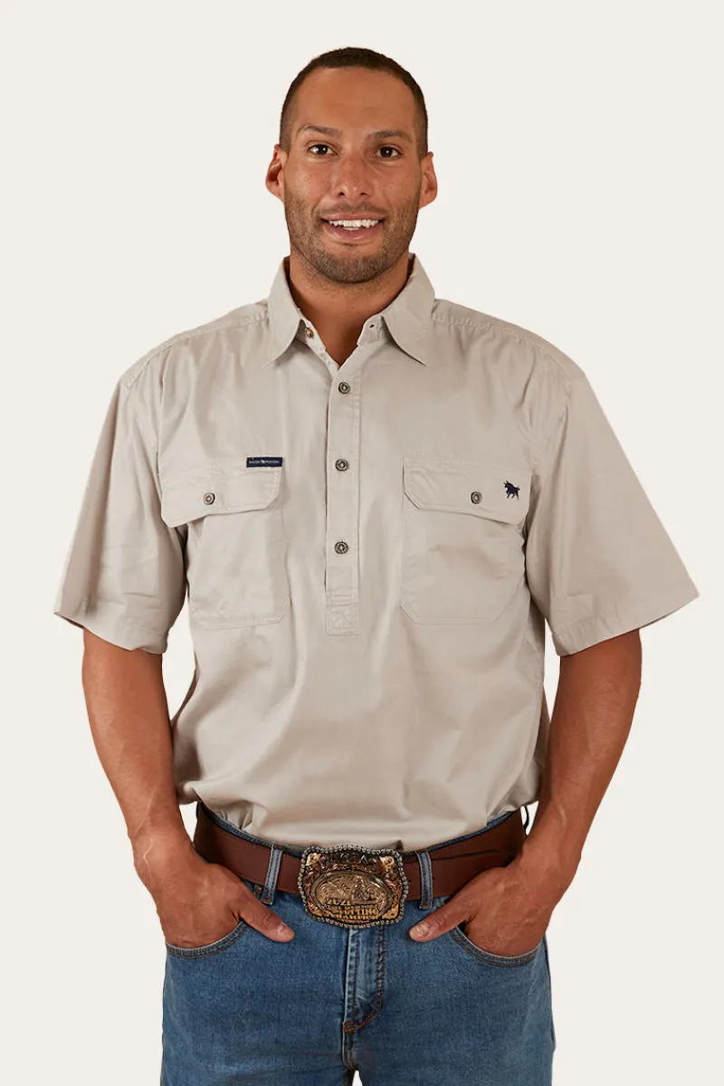 New Ringers Western Pack Saddle Mens Short Sleeve Half Button Work Shirt - Beige