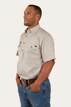 New Ringers Western Pack Saddle Mens Short Sleeve Half Button Work Shirt - Beige