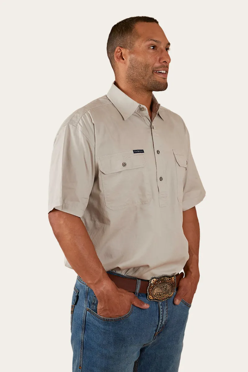 New Ringers Western Pack Saddle Mens Short Sleeve Half Button Work Shirt - Beige