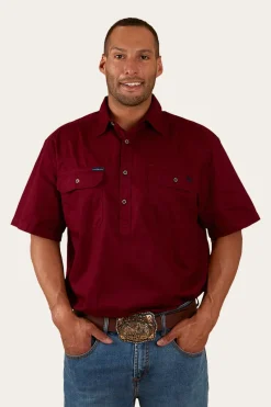 Ringers Western Pack Saddle Mens Short Sleeve Half Button Work Shirt - Burgundy