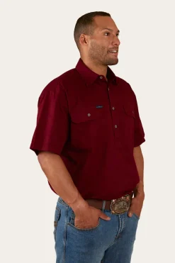 Ringers Western Pack Saddle Mens Short Sleeve Half Button Work Shirt - Burgundy