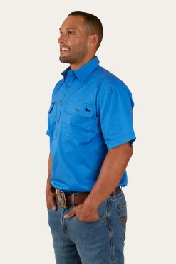 New Ringers Western Pack Saddle Mens Short Sleeve Half Button Work Shirt - Blue