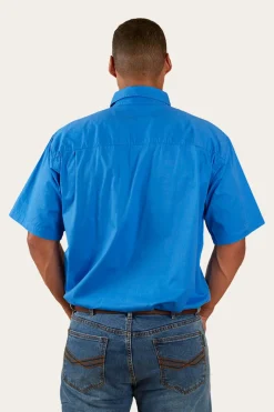 New Ringers Western Pack Saddle Mens Short Sleeve Half Button Work Shirt - Blue