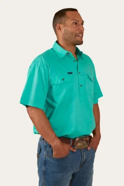 Discount Ringers Western Pack Saddle Mens Short Sleeve Half Button Work Shirt - Mint