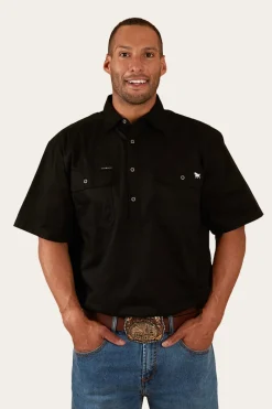 Outlet Ringers Western Pack Saddle Mens Short Sleeve Half Button Work Shirt - Black
