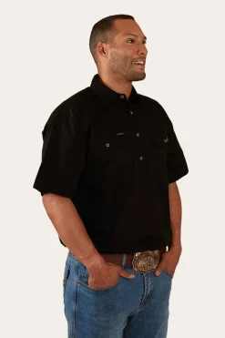 Outlet Ringers Western Pack Saddle Mens Short Sleeve Half Button Work Shirt - Black