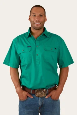 Online Ringers Western Pack Saddle Mens Short Sleeve Half Button Work Shirt - Green