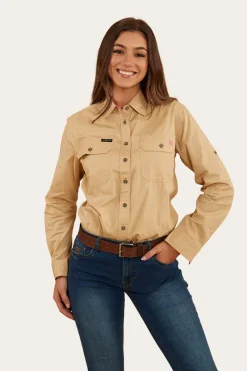 Outlet Ringers Western Pentecost River Womens Full Button Work Shirt - Dark Sand/Melon