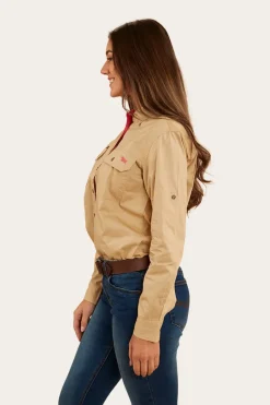 Outlet Ringers Western Pentecost River Womens Full Button Work Shirt - Dark Sand/Melon