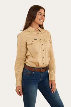 Outlet Ringers Western Pentecost River Womens Full Button Work Shirt - Dark Sand/Melon