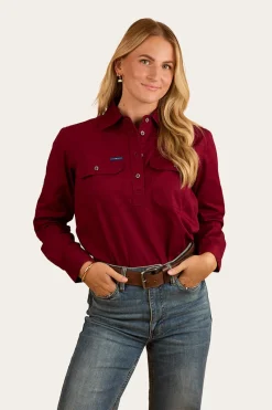 Outlet Ringers Western Pentecost River Womens Half Button Work Shirt - Burgundy
