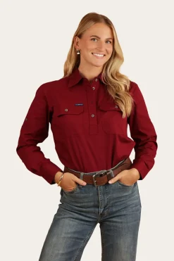Outlet Ringers Western Pentecost River Womens Half Button Work Shirt - Burgundy