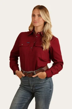 Outlet Ringers Western Pentecost River Womens Half Button Work Shirt - Burgundy
