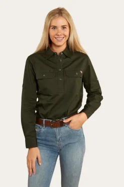 Hot Ringers Western Pentecost River Womens Half Button Work Shirt - Cargo Khaki