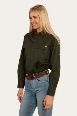 Hot Ringers Western Pentecost River Womens Half Button Work Shirt - Cargo Khaki