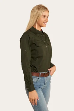 Hot Ringers Western Pentecost River Womens Half Button Work Shirt - Cargo Khaki