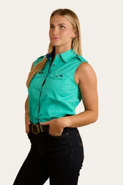 Sale Ringers Western Pentecost River Womens Sleeveless Work Shirt - Mint / Navy
