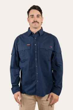 Hot Ringers Western Pilbara Mens Ripstop Full Button Work Shirt - Dark Navy