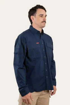 Hot Ringers Western Pilbara Mens Ripstop Full Button Work Shirt - Dark Navy