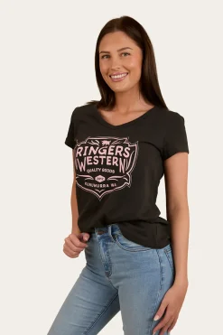 Ringers Western Quality Goods Womens V Neck T-Shirt - Charcoal