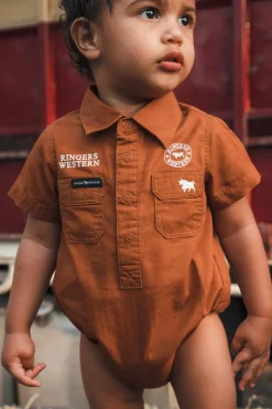 Outlet Ringers Western Ringers Babies Short Sleeve Work Shirt Romper - Tobacco / White