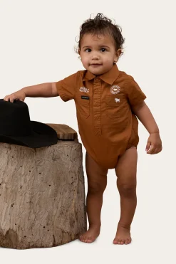 Outlet Ringers Western Ringers Babies Short Sleeve Work Shirt Romper - Tobacco / White