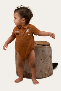 Outlet Ringers Western Ringers Babies Short Sleeve Work Shirt Romper - Tobacco / White