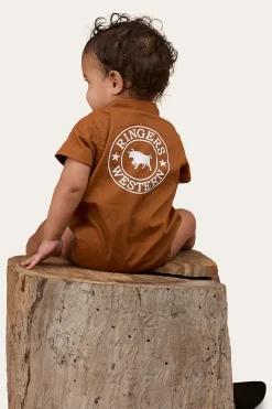 Outlet Ringers Western Ringers Babies Short Sleeve Work Shirt Romper - Tobacco / White