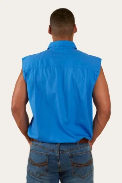 Clearance Ringers Western Rob Roy Mens Sleeveless Full Button Work Shirt - Blue
