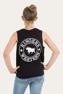 Online Ringers Western Signature Bull Kids Muscle Tank - Black with White Print