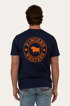 Outlet Ringers Western Signature Bull Mens Loose Fit T-Shirt - Navy/Orange